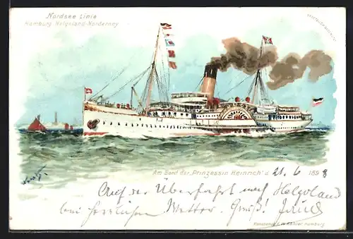 Künstler-AK Hans Bohrdt: Nordsee Linie Hamburg-Helgoland-Norderney, Passagierschiff Prinzessin Heinrich