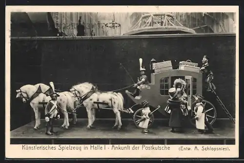 AK München, Bayer. Gewerbeschau 1912, Künstler. Spielzeug in Halle I, Ankunft der Postkutsche