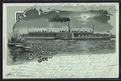 Mondschein-Lithographie Salondampfer Luitpold auf dem Starnberger See