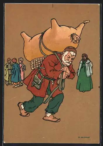 Künstler-AK Oskar Schmerling: Tiflis, Georgier, Bauer trägt Lasten in einem Schweinebalg