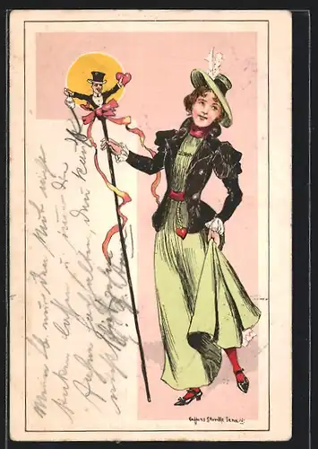 Künstler-AK Hans Starcke: Dame im langen Kleid mit Hut