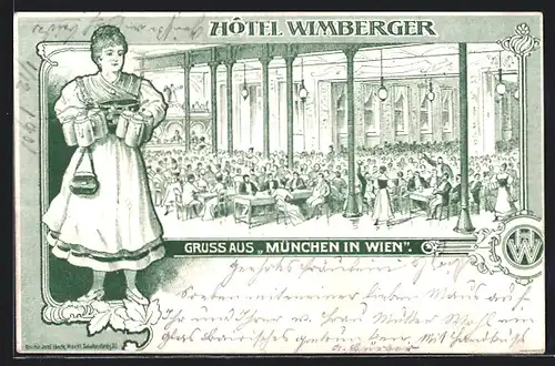 Lithographie Wien, Hôtel Wimberger, Wirtin in Tracht mit Bierkrügen, Innenansicht