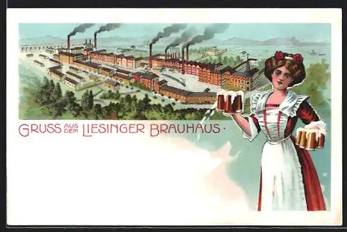 Lithographie Wien-Liesing, Liesinger Brauhaus, Kellnerin trägt Bierkrüge