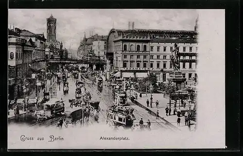 AK Berlin, Alexanderplatz mit Strassenbahnen und Geschäften