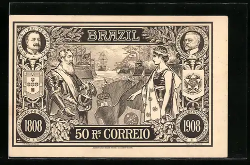 AK Brasilien, Geldschein 50 Rs. Correio, Mann in Rüstung, Wappen, Segelschiff, Porträts