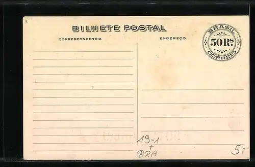 AK Brasilien, Geldschein 50 Rs. Correio, Mann in Rüstung, Wappen, Segelschiff, Porträts