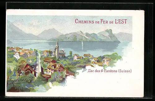 Künstler-AK sign. Hugo d`Alesi: Vitznau, Lac des 4 Cantons, Chemins de fer de l`Est
