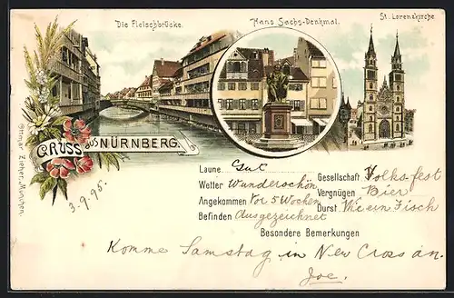 Lithographie Nürnberg, Fleischbrücke, Hans-Sachs-Denkmal, St. Lorenzkirche