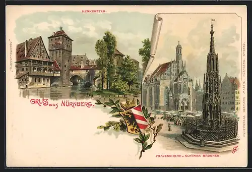 Lithographie Nürnberg, Partie am Henkersteg, Frauenkirche und Schöner Brunnen, Wappen