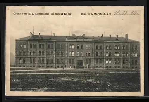 AK München, Marsfeld, K. b. I. Infanterie-Regiment König, Gebäudeansicht