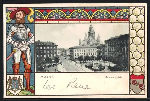 Passepartout-AK Mainz, Gutenbergplatz, Ritter und Wappen