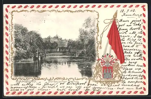 Passepartout-Lithographie Hamburg-St.Pauli, Botanischer Garten mit Brücke, Fahne und Wappen