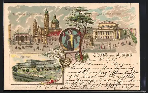 Lithographie München, Glaspalast, Theatinerkirche u. Feldherrenhalle