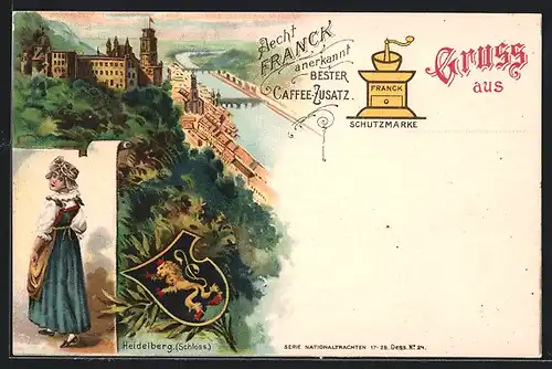 Lithographie Heidelberg, Schloss, Franck Schutzmarke, Frau in Tracht