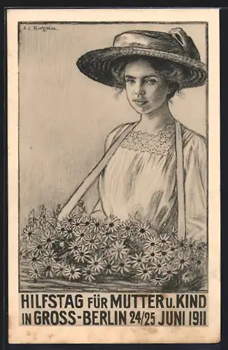 AK Berlin, Hilfstag für Mutter und Kind 24.-25.6.1911, Blumenverkäuferin