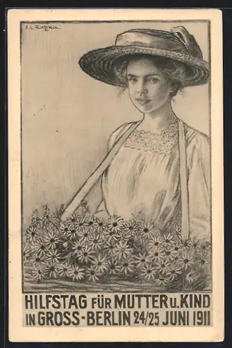 AK Berlin, Hilfstag füt Mutter & Kind 1911, junge Frau mit Blumenkorb