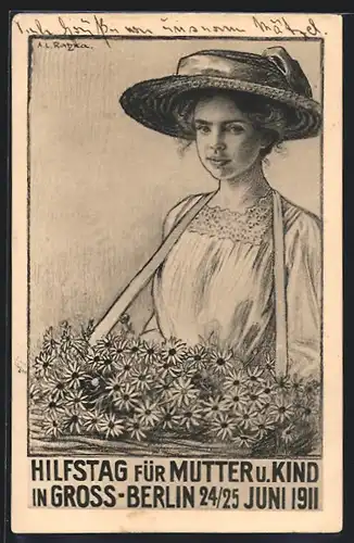 AK Berlin, Hilfstag für Mutter und Kind 24.-25.6.1911, Blumenverkäuferin