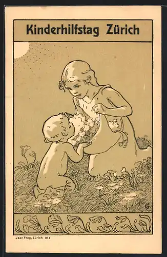 AK Zürich, Kinderhilfstag, Mädchen pflückt Blumen auf der Wiese