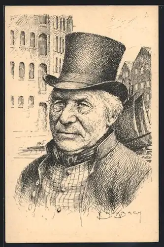 Künstler-AK sign. W. Wombach: Hamburger Typen, Quartiersmann