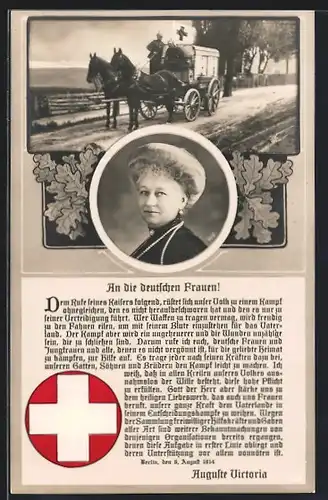 AK An die deutschen Frauen!, Kaiserin Auguste Victoria Königin von Preussen, Kutsche des Roten Kreuzes