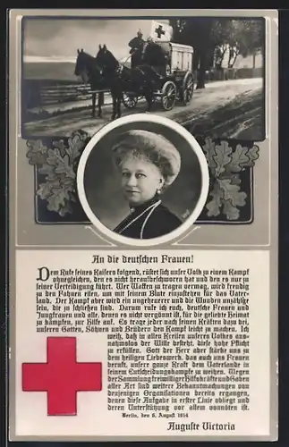 AK Kaiserin Auguste Victoria Königin von Preussen im Portrait, Kutsche des Roten Kreuz