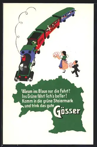 AK Göss b. Leoben, Brauerei-Werbung für Gösser Bier, Gösser Eisenbahn