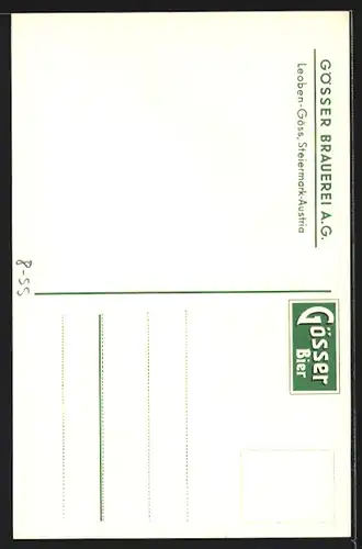 AK Göss b. Leoben, Brauerei-Werbung für Gösser Bier, Gösser Eisenbahn