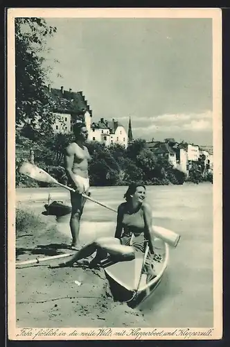 AK Reklame für Klepperboot und Klepperzelt, Paar am Ufer eines Flusses