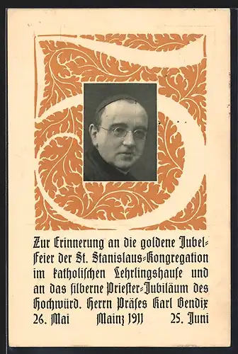 AK Mainz, Silbernes Priester-Jubiläum Karl Bendix 1911