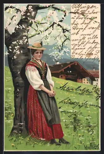 Künstler-AK Alfred Mailick: Frau in Tracht lehnt an einem Baum