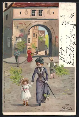 Künstler-Lithographie Alfred Mailick: Fröhliche Pfingsten!