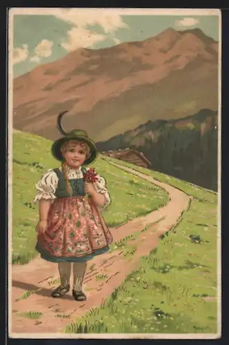 Künstler-AK Alfred Mailick: Junges Mädchen in Tracht mit Bergblumen