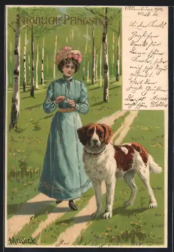 Künstler-AK Alfred Mailick: Dame mit Blumenorakel und Hund