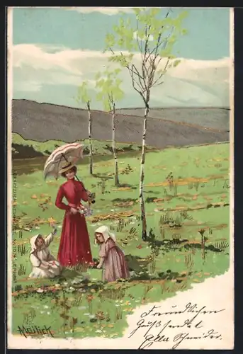 Künstler-AK Alfred Mailick: Junge Mutter mit Sonnenschirm und Kindern auf der Wiese