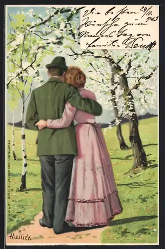 Künstler-AK Alfred Mailick: Paar beim Spaziergang, Pfingstgruss
