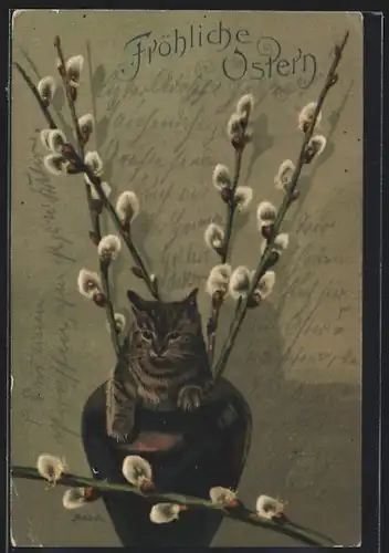 Künstler-AK Alfred Mailick: Ostergrüsse, Hauskatze in Vase mit Weidenzweigen