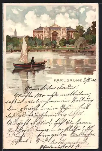 Künstler-AK K. Mutter: Karlsruhe, Ruderboot mit Blick zum Gebäude um 1900