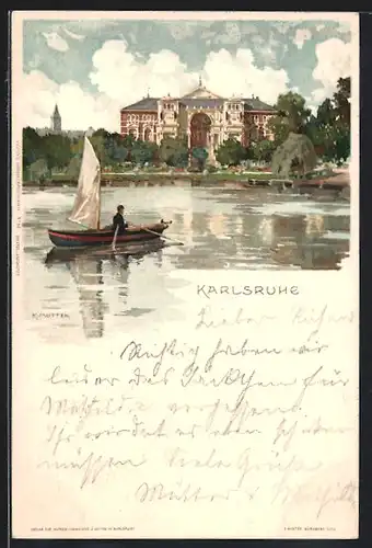 Künstler-AK K. Mutter: Karlsruhe, Ruderboot mit Blick zum Gebäude um 1900