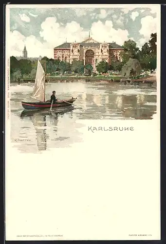 Künstler-AK K. Mutter: Karlsruhe, Ruderboot mit Blick zum Gebäude um 1900