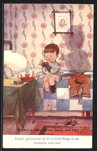 Künstler-AK T. Gilson: His only pair..., Kind stopft Socken