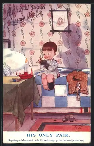 Künstler-AK T. Gilson: His only pair..., Kind stopft Socken