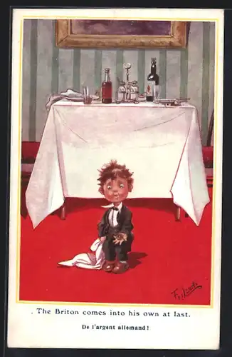 Künstler-AK T. Gilson: The Briton comes into his own at last, Kleiner Buttler mit Münze