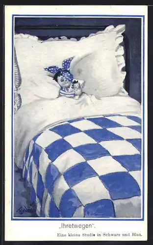 Künstler-AK T. Gilson: Junge mit blauem Auge liegt im Bett und hält Bild eines Mädchens fest