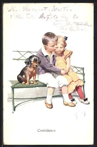 Künstler-AK Karl Feiertag: Confidence, Kleines Paar und Dackel auf Bank