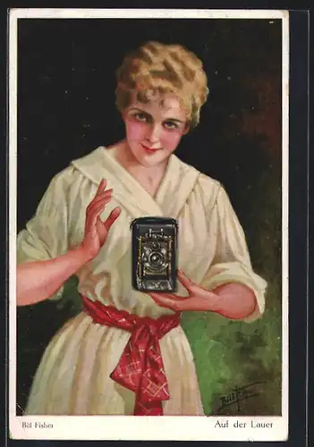 Künstler-AK Bill Fisher: Auf der Lauer, Hübsche Dame mit Kamera wartet auf einen Schnappschuss