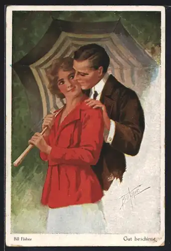 Künstler-AK Bill Fisher: Gut beschirmt, Liebespaar