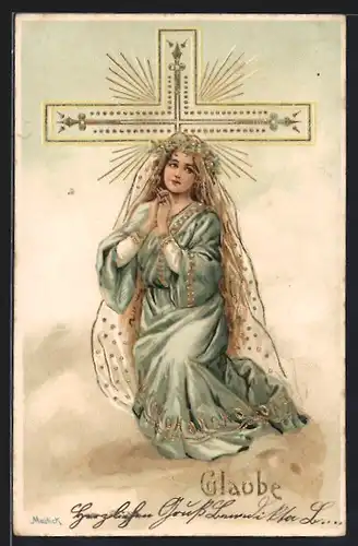 AK Frau betet am Kreuz, Faith, Allegorie