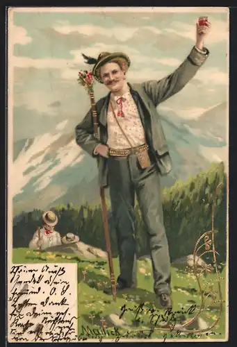 Künstler-AK Alfred Mailick: Ein Wanderer hebt das Glas zum Pfingstgrusse