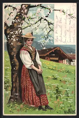 Künstler-AK Alfred Mailick: Frau in Tracht lehnt an einem Baum