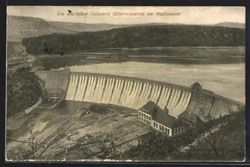 AK Waldeck, Edertalsperre, Blick bei Hochwasser